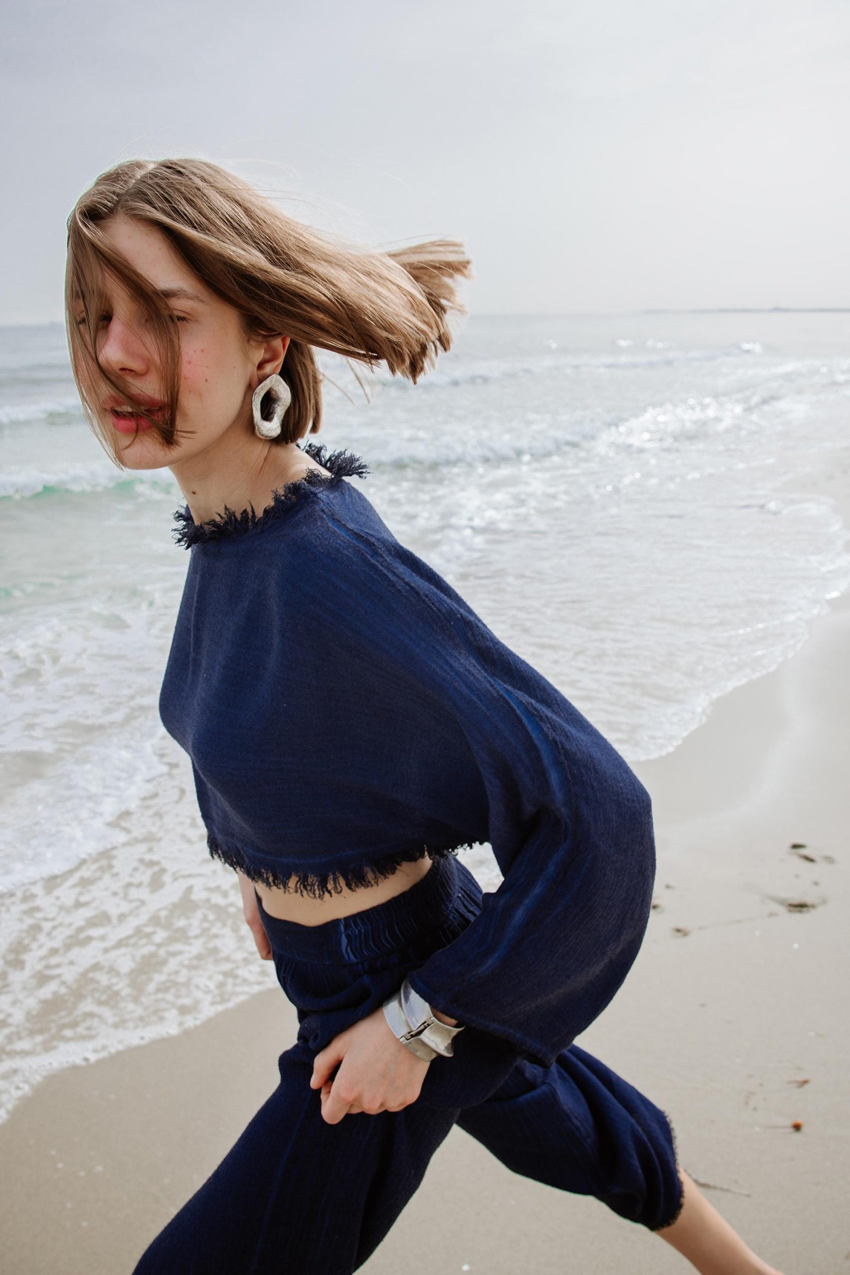 Linen Navy Crop Blouse Top