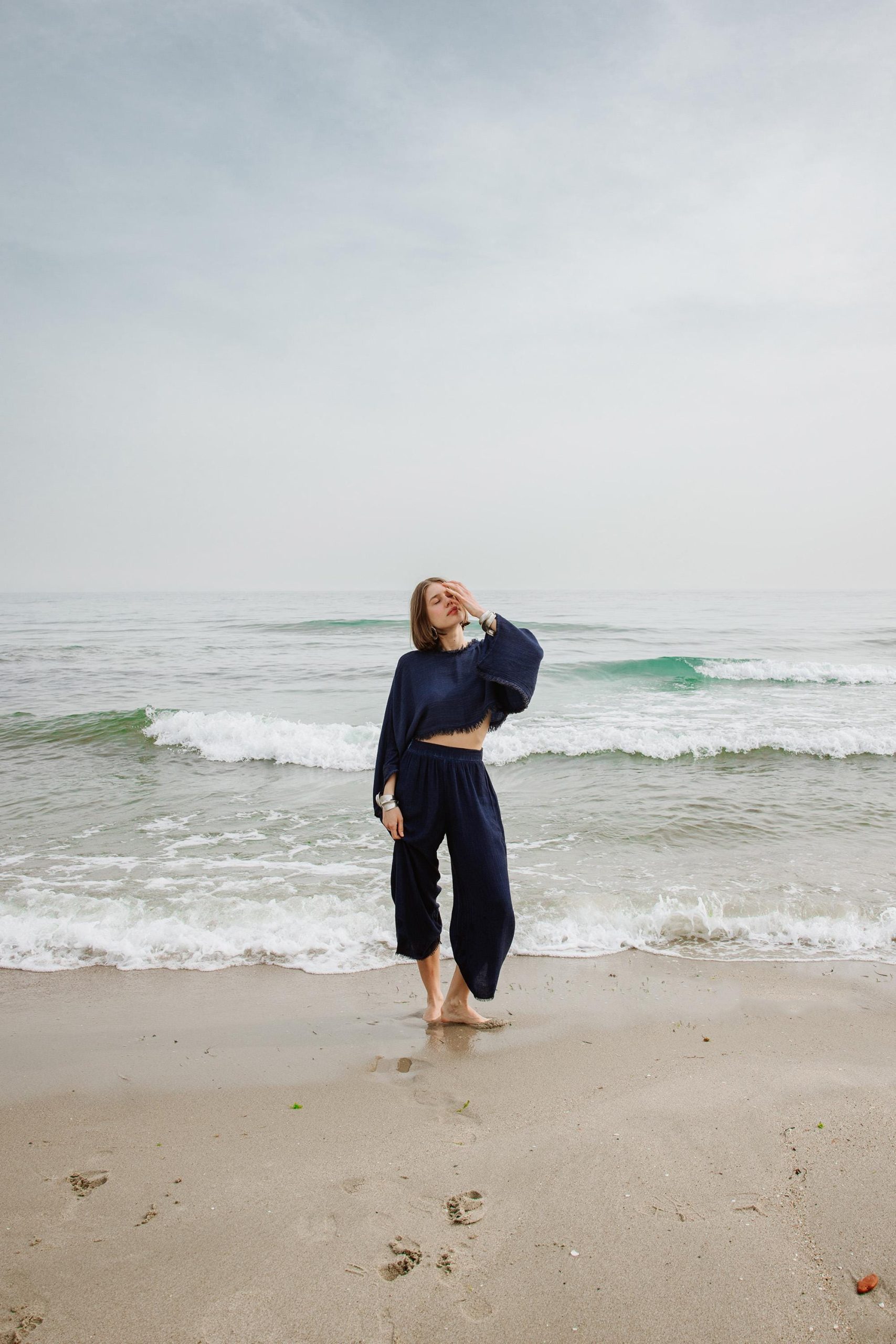Linen Navy Crop Blouse Top