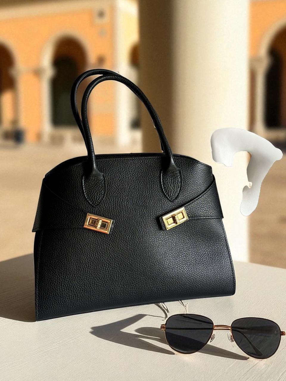 Leather Satchel Bag Black Structured Top Handle Tote